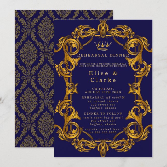 Invitation Dîner de répétition Royal Crown Blue Gold (Devant / Derrière)