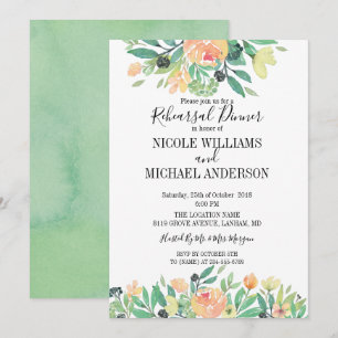 Invitation Dîner de répétition RUSTIC Green watercolor peony