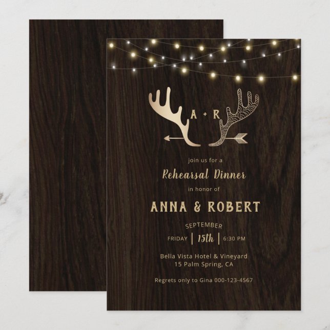 Invitation Dîner de répétition Rustic Wood Rose Gold Antlers (Devant / Derrière)