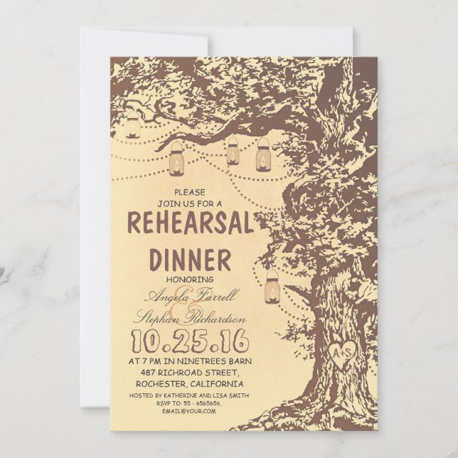 Invitation Dîner de répétition Rustique arbre & jarres de maç (Devant)