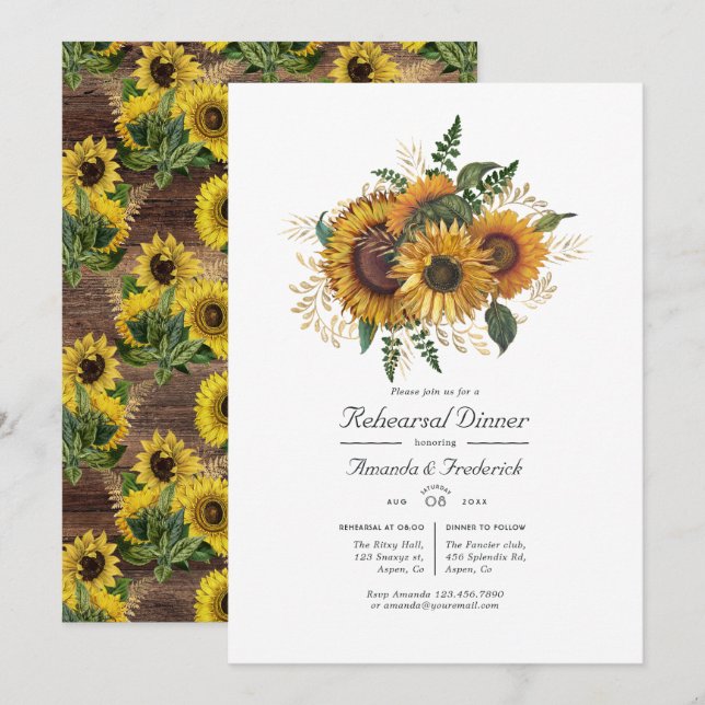 Invitation Dîner de répétition rustique du pays de tournesol (Devant / Derrière)