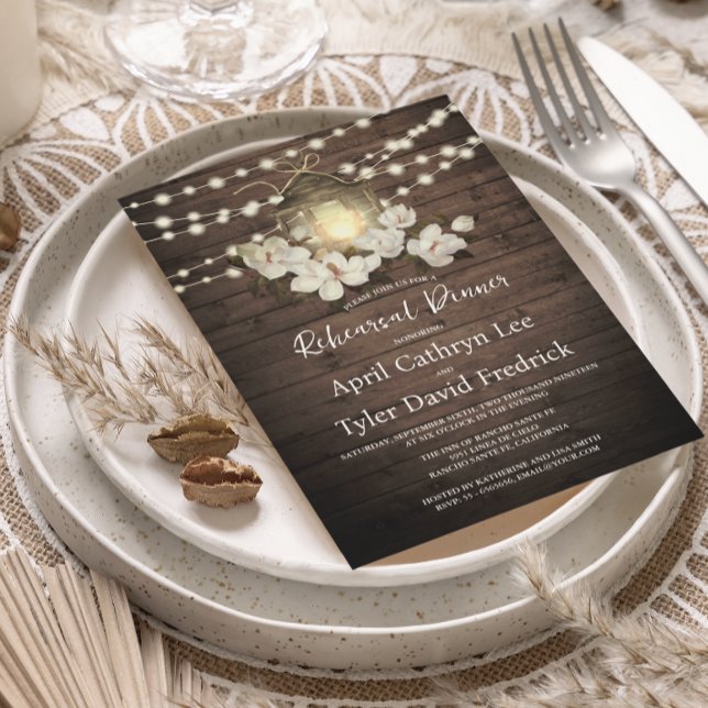 Invitation Dîner de répétition Rustique Floral Wood Lights (Créateur téléchargé)