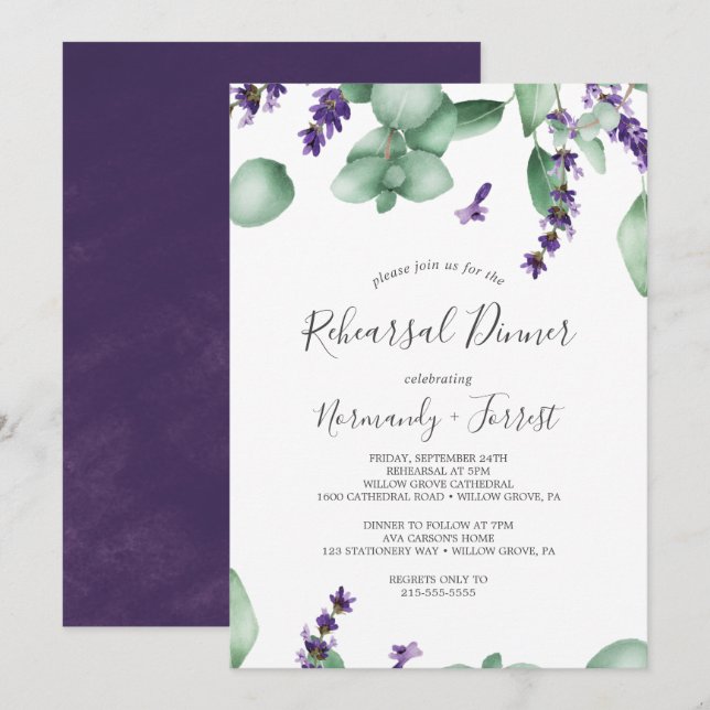 Invitation Dîner de répétition Rustique Lavande et Eucalyptus (Devant / Derrière)