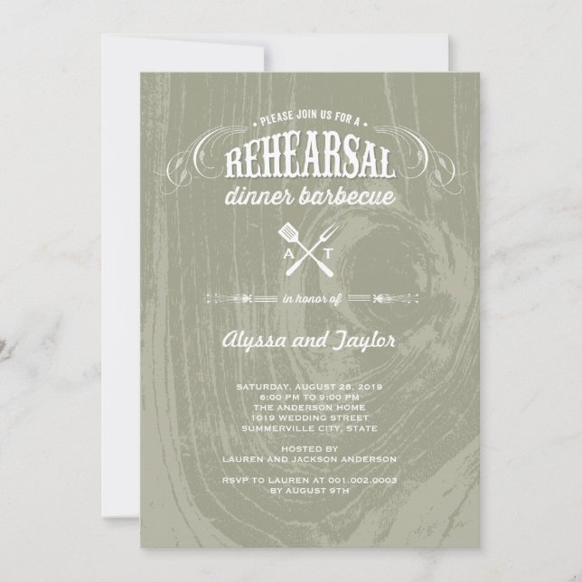 Invitation Dîner de répétition Rustique Mariage en bois (Devant)