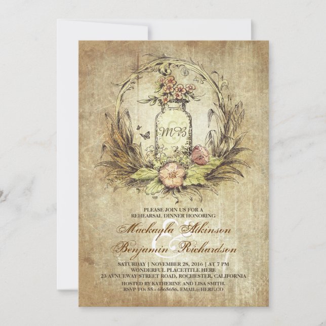 Invitation Dîner de répétition rustique vintage floral mason  (Devant)