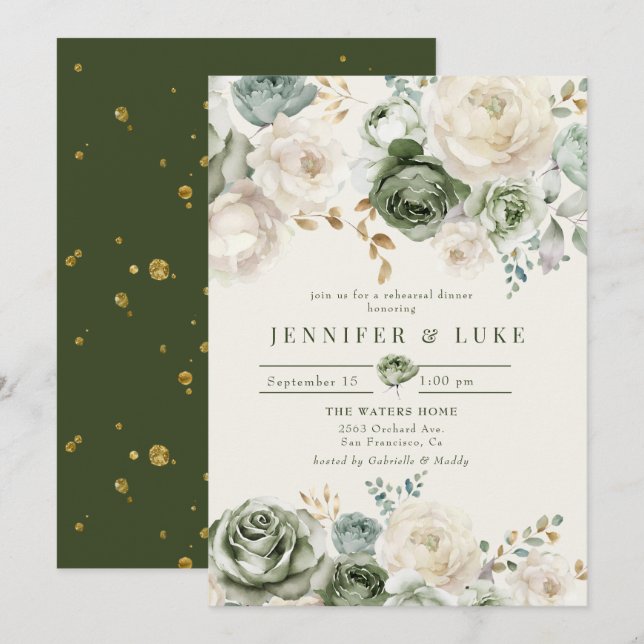 Invitation Dîner de répétition Sage Green & Ivory Flowers (Devant / Derrière)