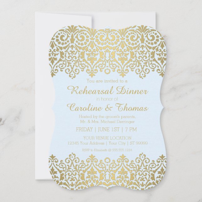 Invitation Dîner de répétition Soirée Vintage Golden Lace Élé (Devant)