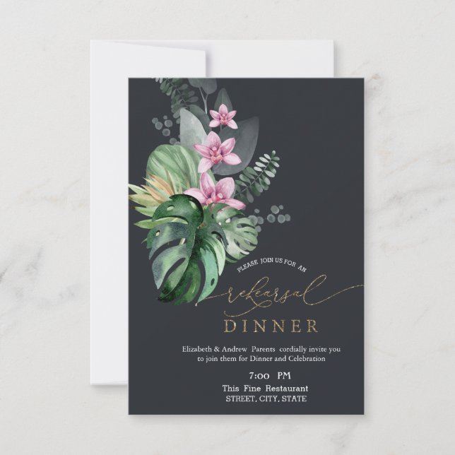Invitation Dîner de répétition sombre des fleurs tropicales (Devant)