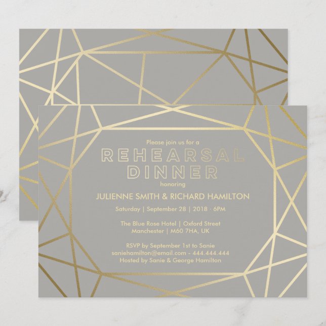 Invitation Dîner de répétition sophistiqué Dove Grey & Gold (Devant / Derrière)