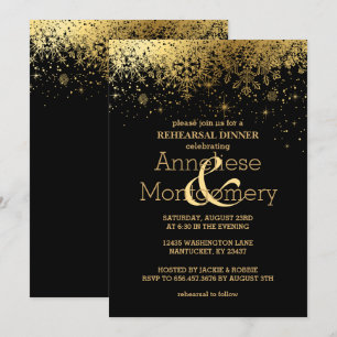 Invitation Dîner de répétition stylish Black and Gold Snowfla