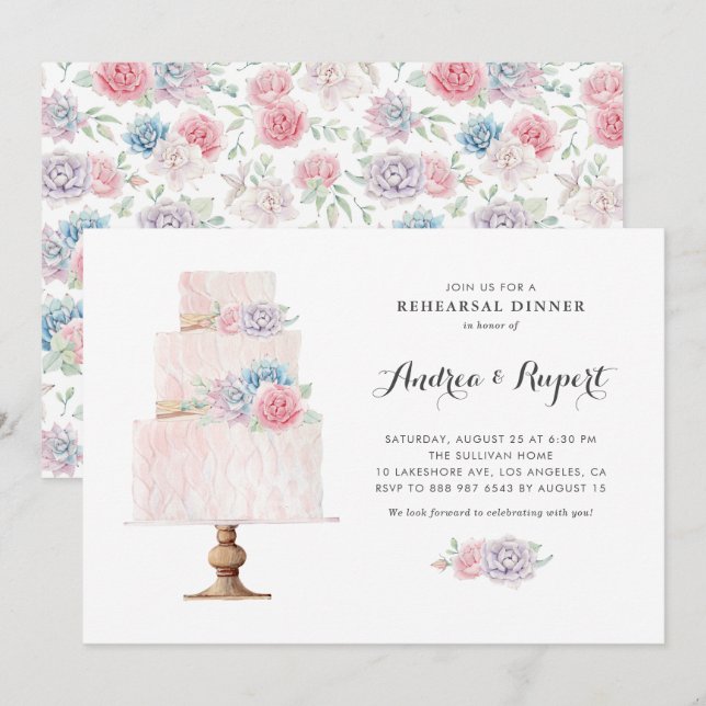 Invitation Dîner de répétition Succulent de gâteau rose pâle (Devant / Derrière)