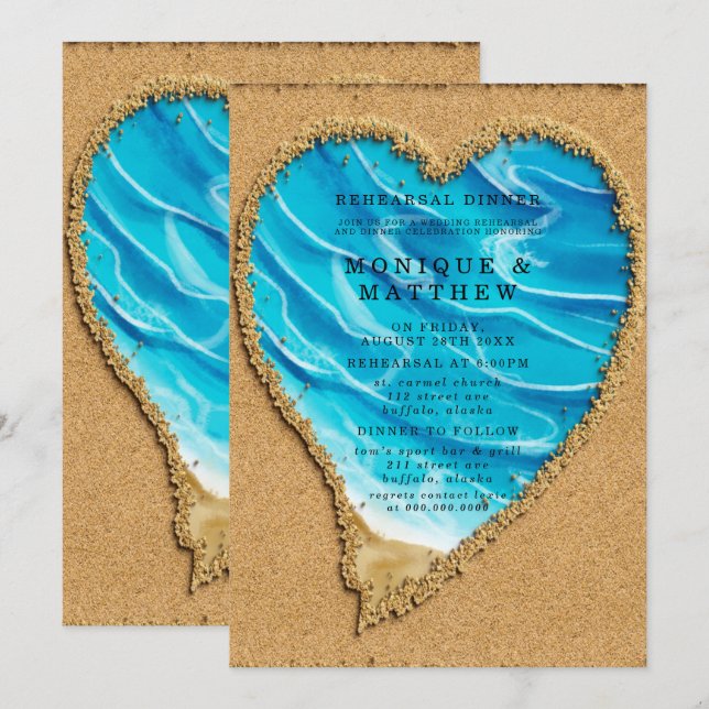 Invitation Dîner de répétition sur la plage et le sable (Devant / Derrière)