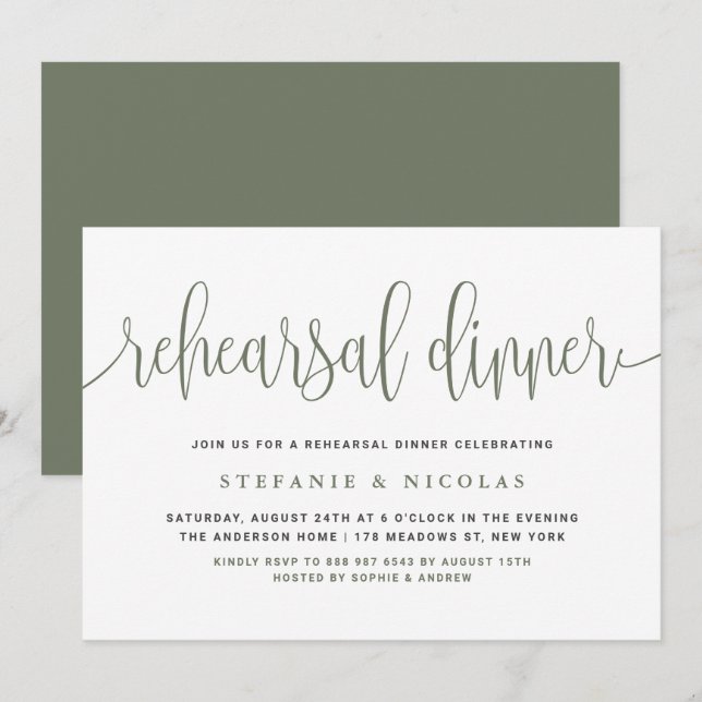 Invitation Dîner de répétition Taupe Green Pretty Calligraphy (Devant / Derrière)