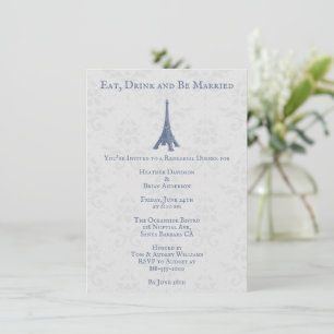Invitation Dîner de répétition Tour Eiffel bleu Mariage damas