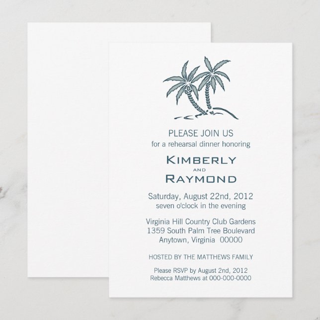 Invitation Dîner de répétition Tropical Blue Twin Palm Trees (Devant / Derrière)