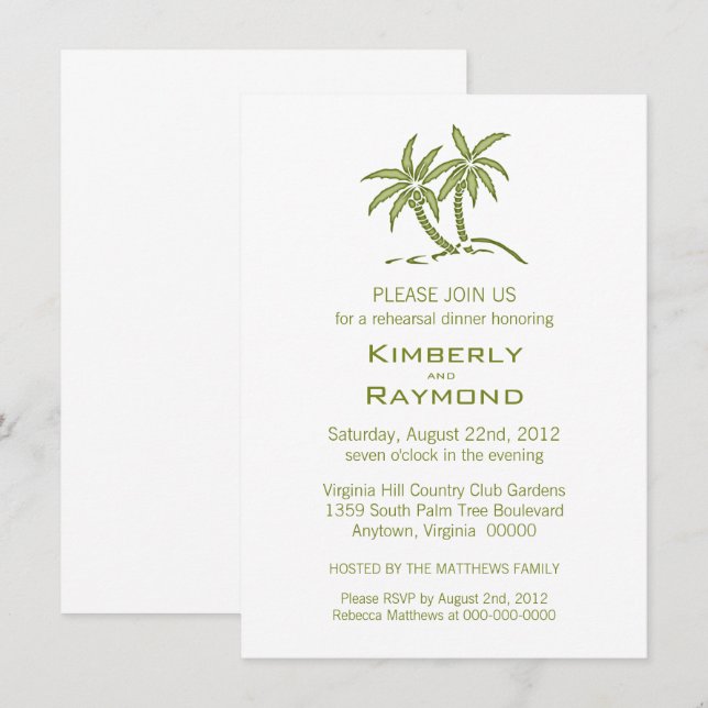 Invitation Dîner de répétition Tropical Green Twin Palm Trees (Devant / Derrière)