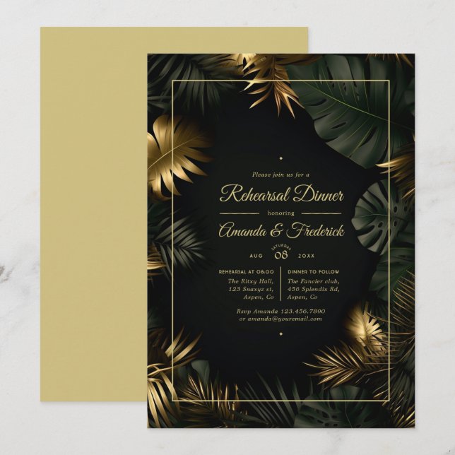 Invitation Dîner de répétition tropicale noir et or (Devant / Derrière)