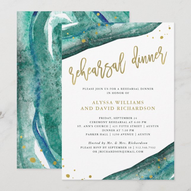 Invitation Dîner de répétition Turquoise et Gold Geode Aquare (Devant / Derrière)