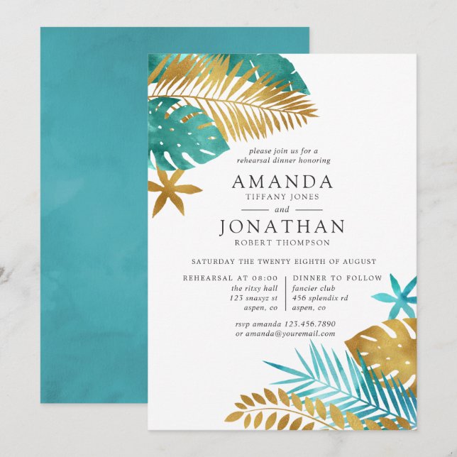 Invitation Dîner de répétition turquoise et Gold Tropical (Devant / Derrière)
