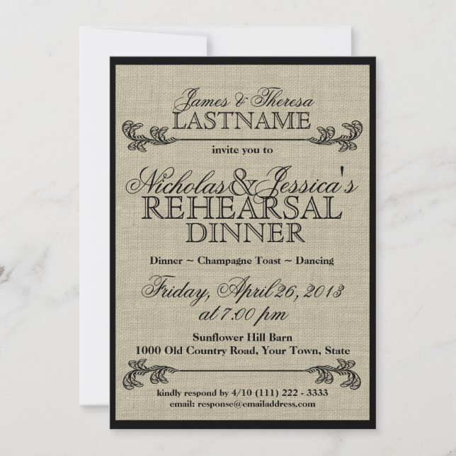 Invitation Dîner de répétition Vintage Burlap (Devant)