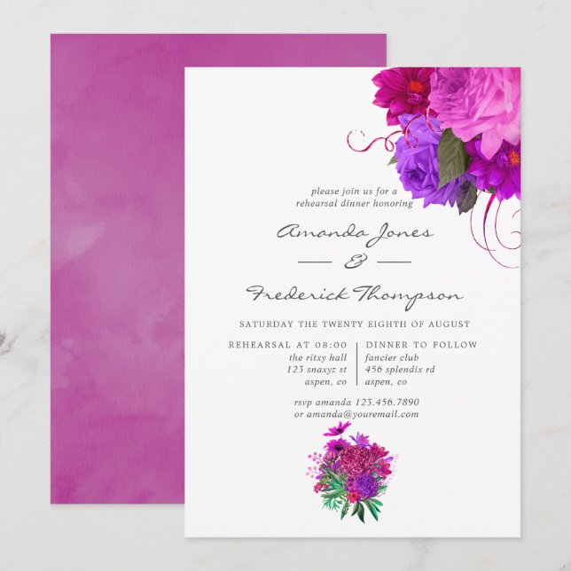 Invitation Dîner de répétition vintage Chic Fuchsia et violet (Devant / Derrière)