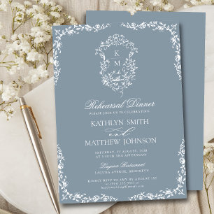 Invitation Dîner de répétition Vintage Dusty Blue Monogram