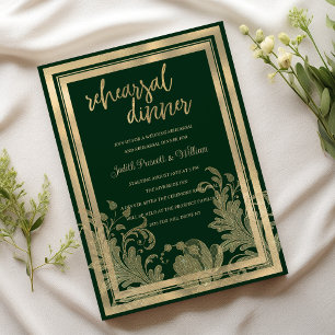 Invitation Dîner de répétition vintage forêt vert or