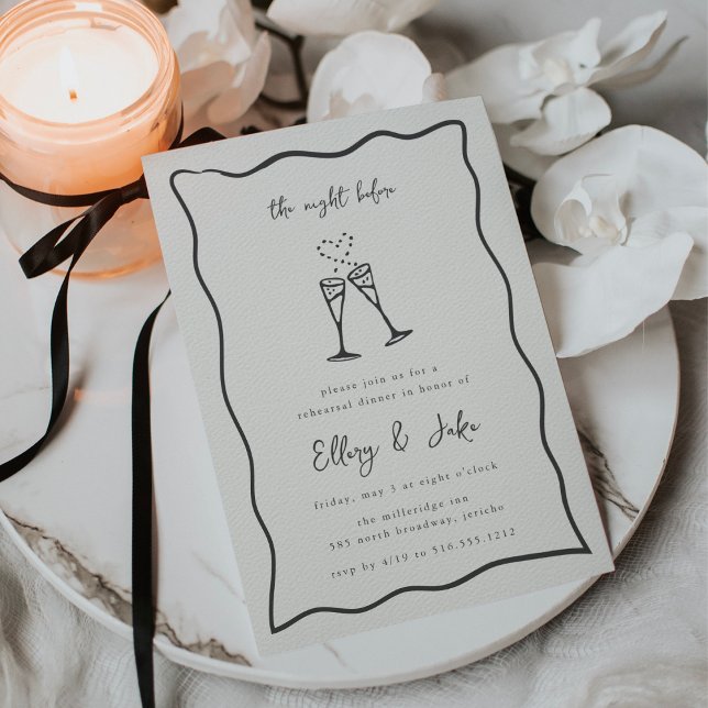 Invitation Dîner de répétition Whimsical Champagne Doodle (Whimsical rehearsal dinner invitation with a hand drawn scallop border)