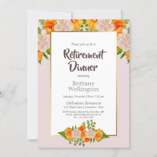 Invitation Dîner de retraite Floral Rose Orange Gold Bordure