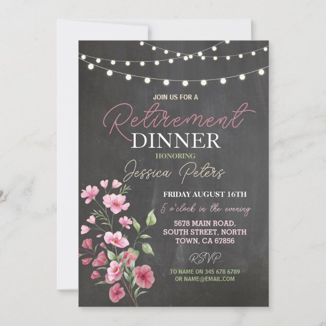 Invitation Dîner de retraite pour femmes fête rose florale (Devant)
