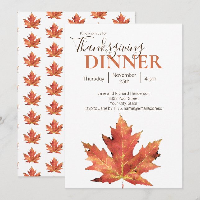 Invitation Dîner de Thanksgiving à la feuille d'automne moder (Devant / Derrière)