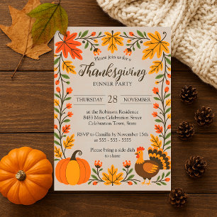 Invitation Dîner de Thanksgiving aux feuilles d'automne de di