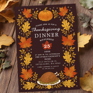 Invitation Dîner de Thanksgiving aux feuilles d'automne rusti
