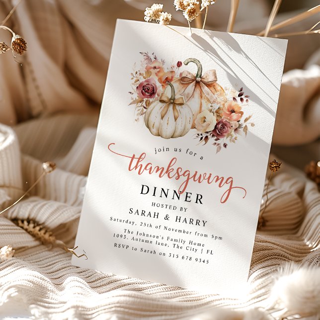 Invitation Dîner de Thanksgiving aux florales élégantes et au (Créateur téléchargé)