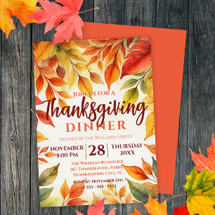 Invitation Dîner de Thanksgiving avec feuillage automnal à l'