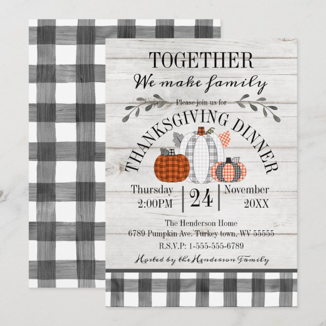Invitation Dîner de Thanksgiving Buffalo Plaid Citrouilles (Devant / Derrière)
