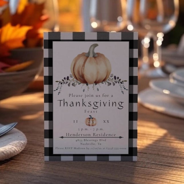 Invitation Dîner de Thanksgiving Citrouille aquarelle | Black (Black Watercolor Pumpkin Thanksgiving Dinner Invitation)