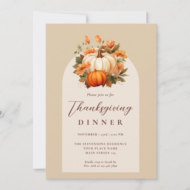 Invitation Dîner de Thanksgiving Citrouille Floral Script Arc (Devant)