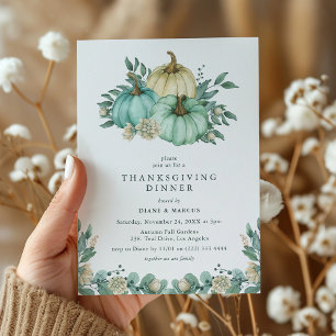 Invitation Dîner de Thanksgiving Citrouille Florale Sarcelle