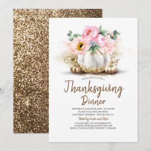 Invitation Dîner de Thanksgiving Citrouille rose Floral Gold