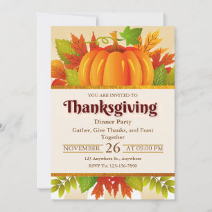 Invitation Dîner de Thanksgiving Citrouille Rustique et Feuil