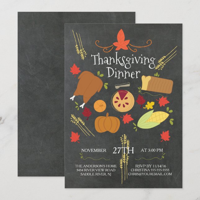 Invitation Dîner de Thanksgiving Cute Chalkboard (Devant / Derrière)