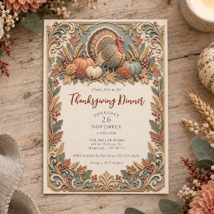 Invitation Dîner de Thanksgiving de dinde à effet de papier e