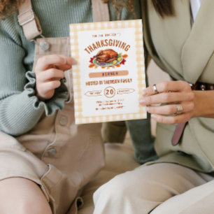 Invitation Dîner de Thanksgiving de dinde rustique Gingham au