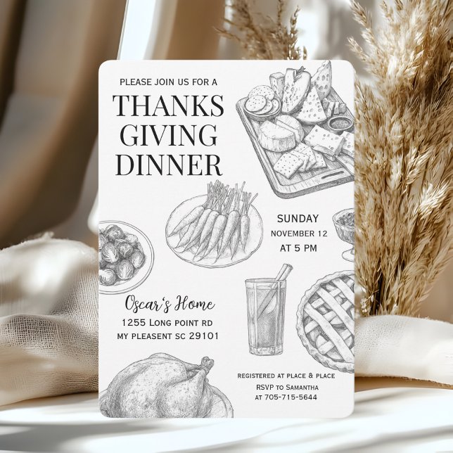 Invitation Dîner de Thanksgiving dessiné à la main de style r (Créateur téléchargé)