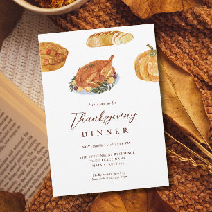 Invitation Dîner de Thanksgiving dinde & tarte aquarelle rust