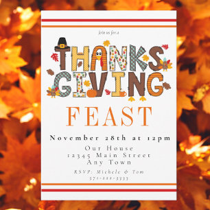 Invitation Dîner de Thanksgiving Festif Dinde Citrouille Feui