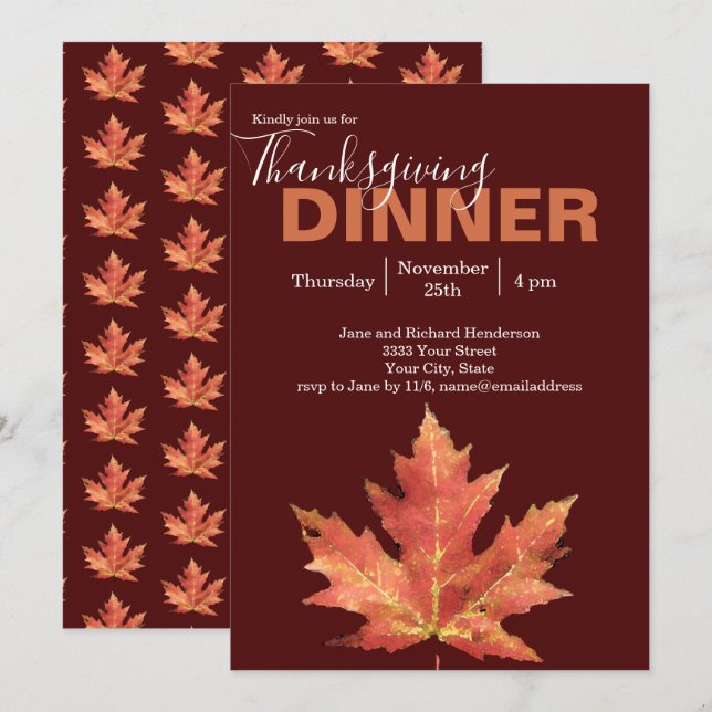Invitation Dîner de Thanksgiving feuille d'automne de Bourgog (Devant / Derrière)