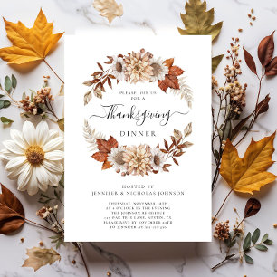 Invitation Dîner de Thanksgiving Fleurs d'Automne Rustique