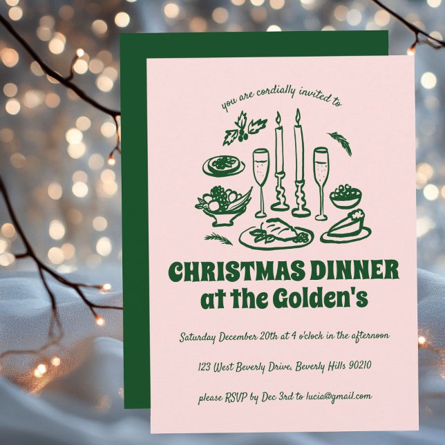 Invitation Dîner de vacances avec main fantaisie (Whimsical Hand Drawn Holiday Christmas Dinner Party Invitation
)